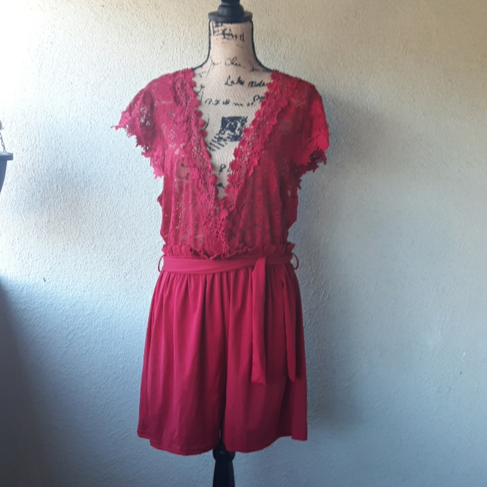 Belted lace red romper
